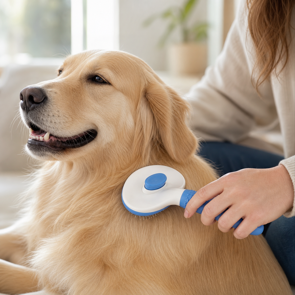 Human gently grooming a dog with Tail & Co self-cleaning deshedding brush