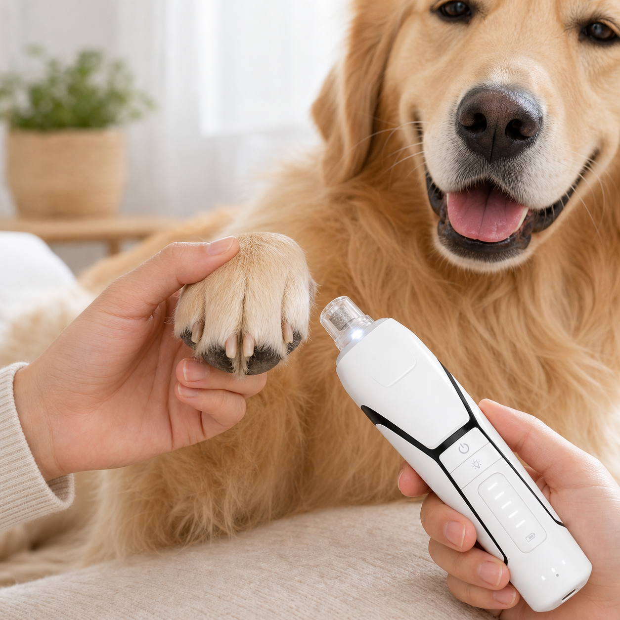Human moving Tail & Co quiet electric nail grinder toward a dog's paw