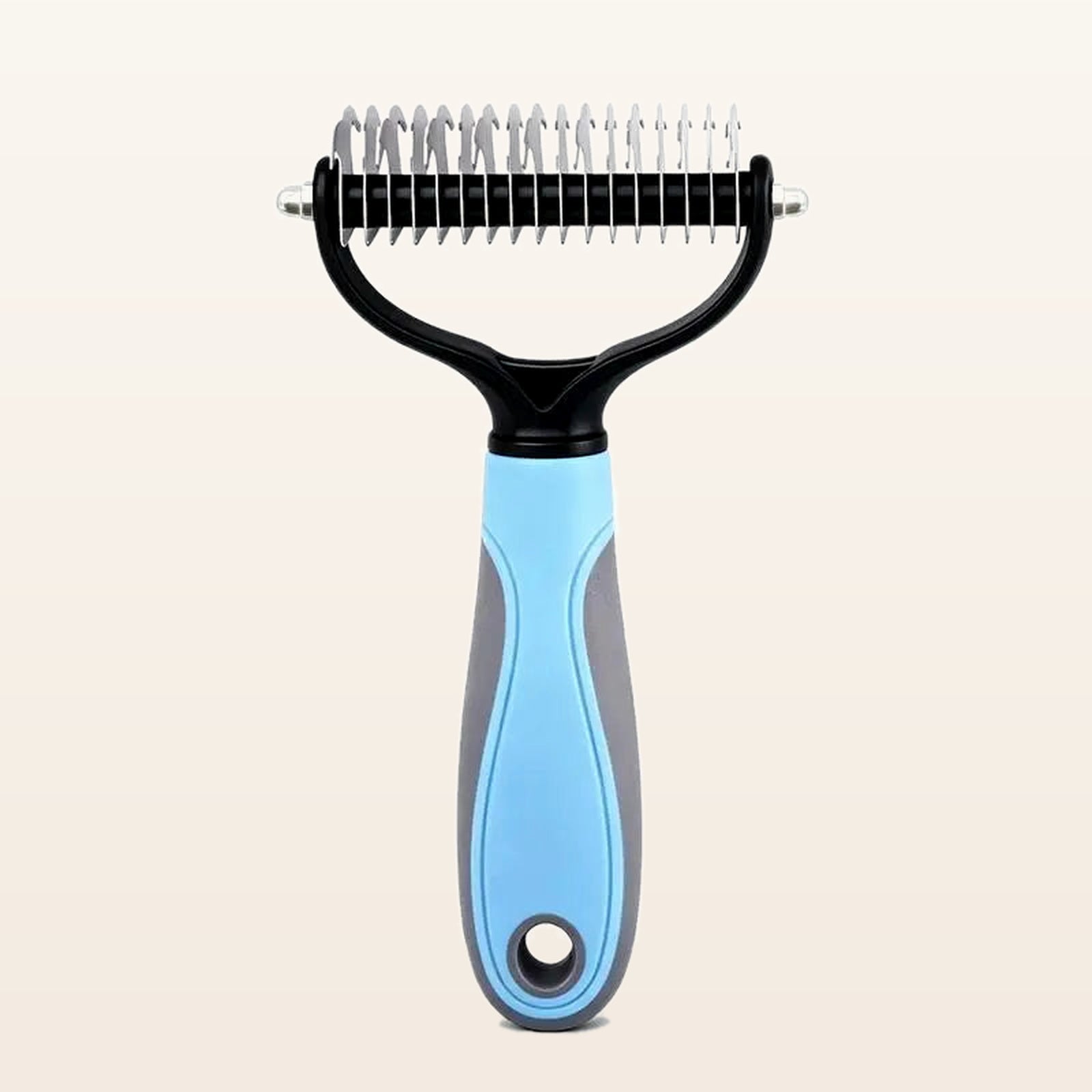 Double-sided deshedding rake for dogs with blue handle