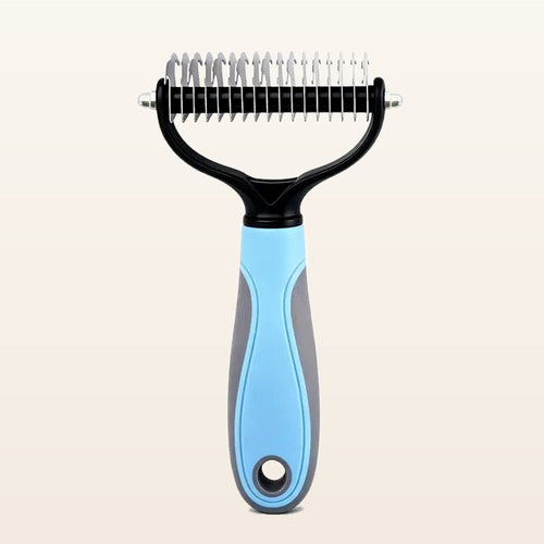Double-sided deshedding rake for dogs with blue handle