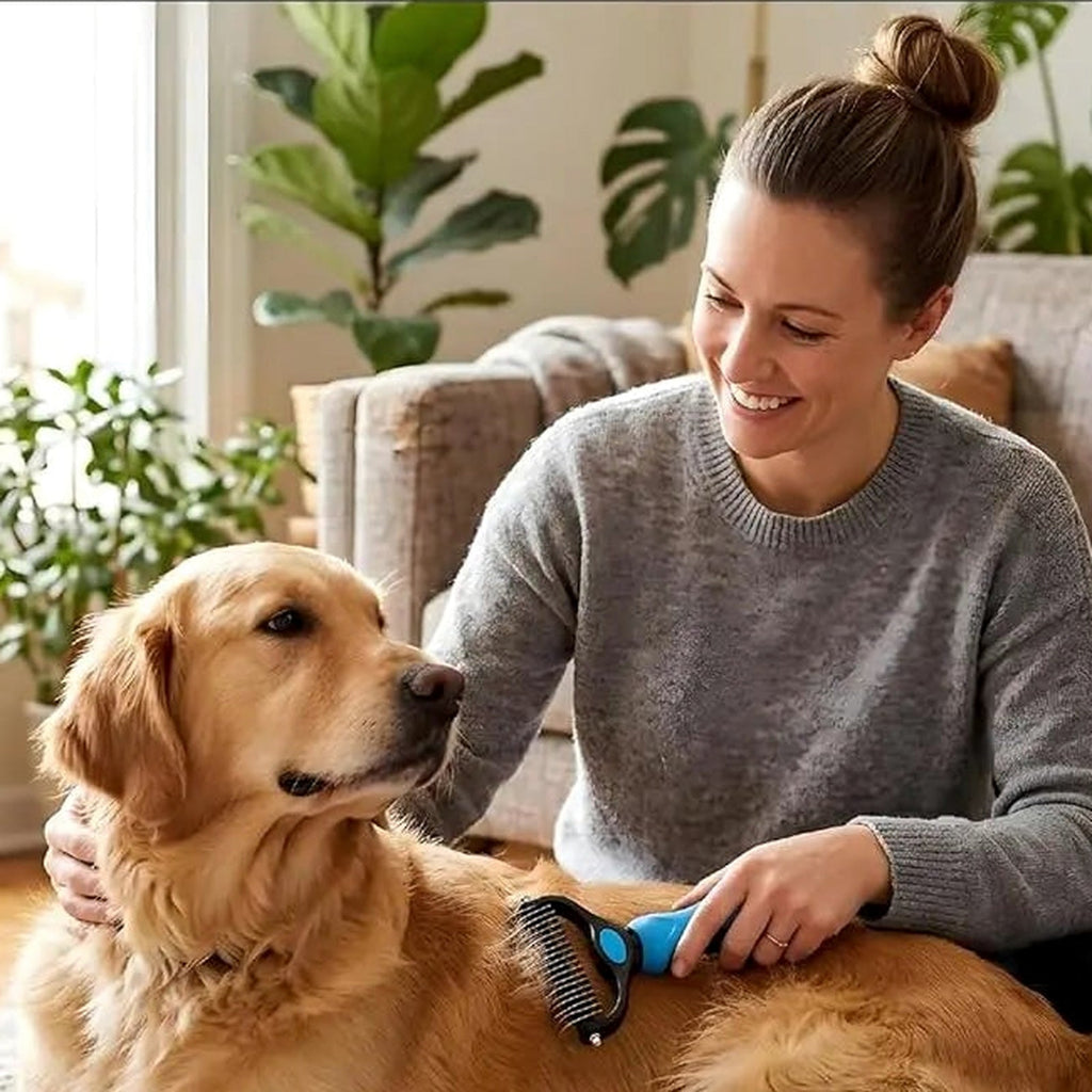 Person grooming a dog with a double-sided deshedding rake