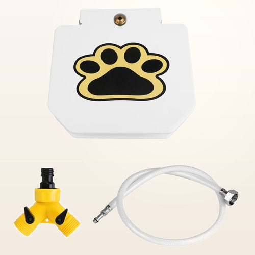 Paw-activated outdoor dog water fountain with hose and connector