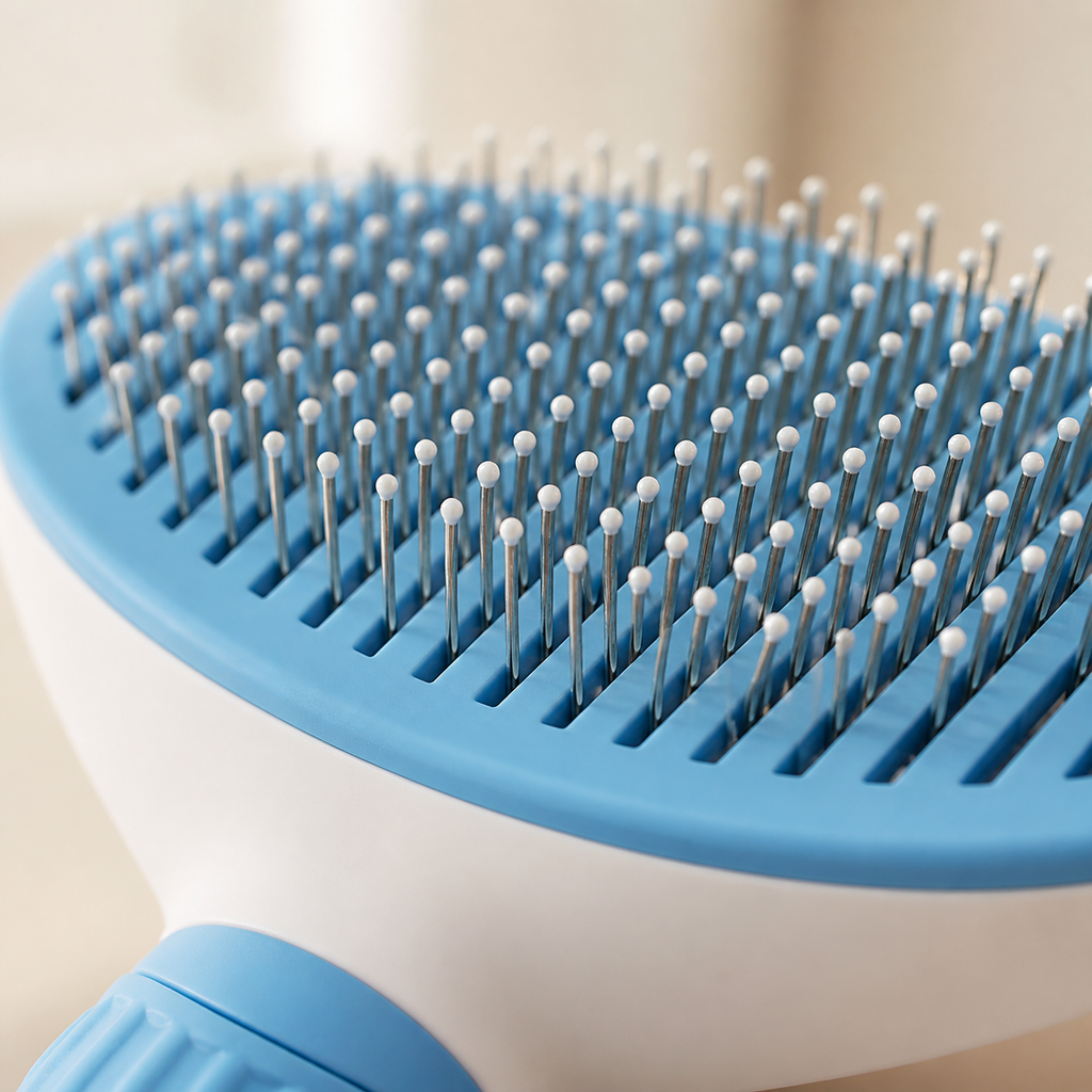 Close-up of rounded stainless-steel pins on Tail & Co deshedding brush