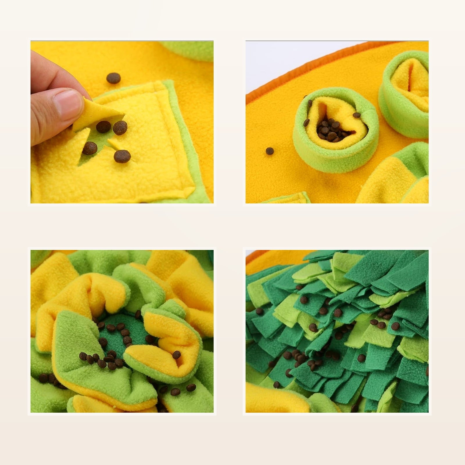 Close-up details of food hiding spots on snuffle mat