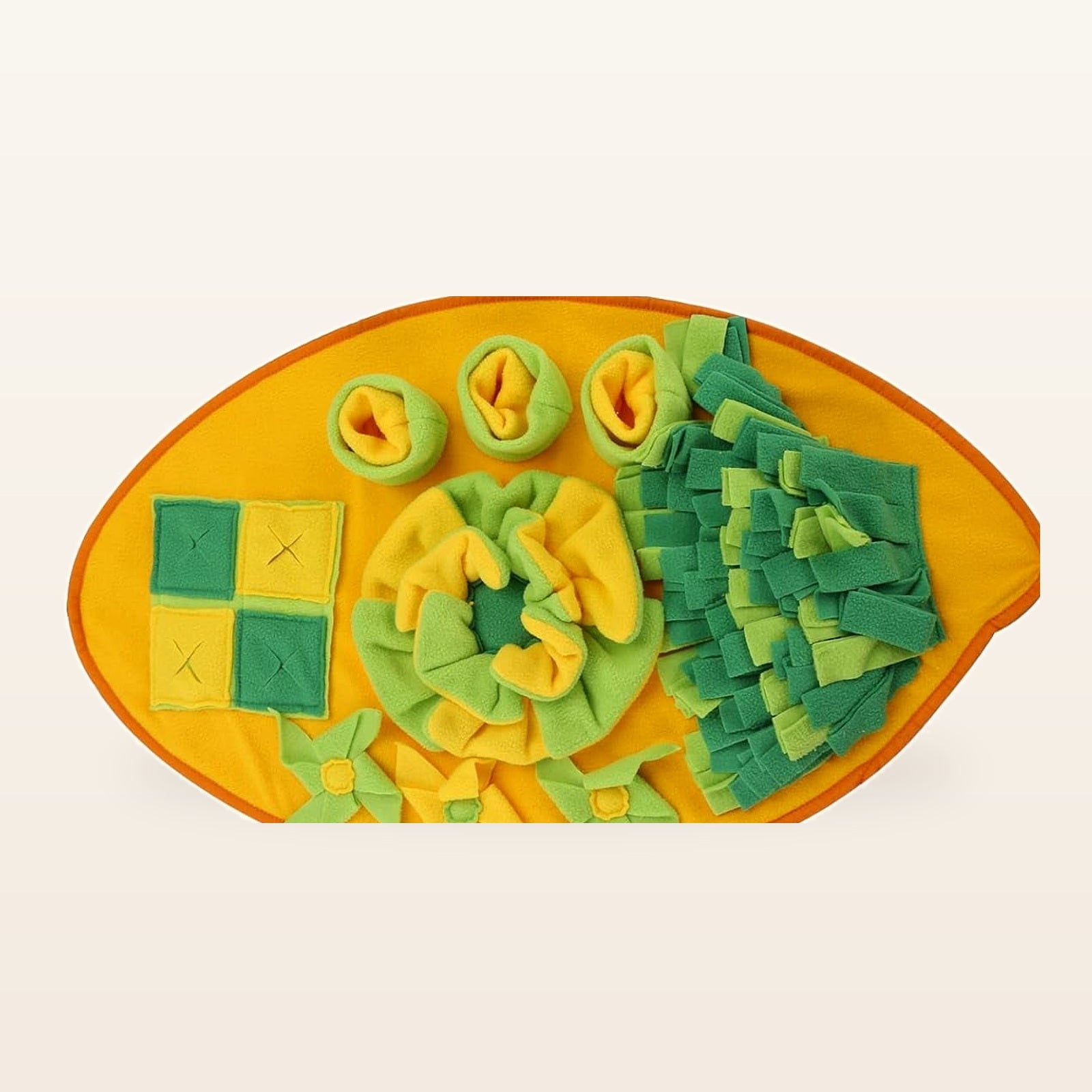 Top-down view of yellow and green snuffle mat